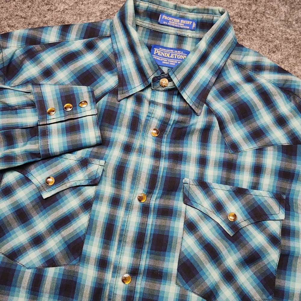 Pendleton Mens Pearl Snap Blue Plaid Western Frontier Shirt Long Sleeve Medium